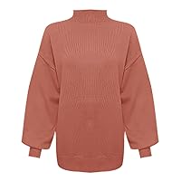 Women Turtleneck Sweaters Long Lantern Sleeve Ribbed Knit Pullover Solid Color Crew Neck Jumpers Tops