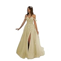Women's Sparkly Tulle Prom Dress Off Shoulder Lace Applique Long Formal Evening Gowns 2024 with Pockets
