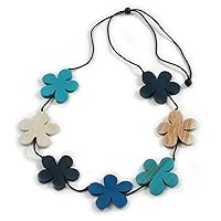 Avalaya White/Blue/Turqouise Wooden Floral Black Cord Long Necklace/ 100cm Max/Adjustable