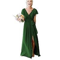 Women's Chiffon Faux Wrap A-Line Bridesmaid Dresses with Short Sleeves Slit That Hide Belly Fat R024