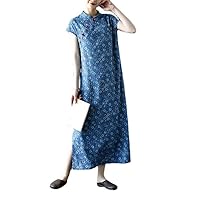 Women's Mandarin Collar Short Sleeve Cheongsam Print Qipao Dress for Ladies Blue
