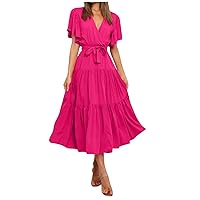 Trendy A Line Short Sleeve Formal Cocktail Party Dress,Casual Summer Fall Sexy V Neck Cute Smocked Flowy Midi Dress