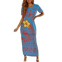 Women's Two Piece Outfits Polynesian Puletasi Samoan Tatau Print Short Sleeve Maxi Dress Sets