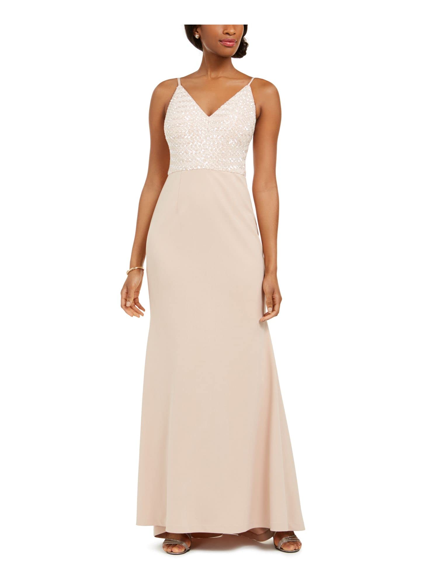 Vince Camuto Womens Pink Sequined Spaghetti Strap V Neck Full-Length Evening Fit + Flare Dress 8