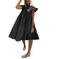 joysale Womens Summer Casual Ruffle Midi Dresses Round Neck Dresses Short Sleeve Solid Color Beach Dress