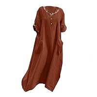 Women's Casual Loose Fitting Dress Long Sleeved Round Neck Pocket Party Large Cotton Linen Dress
