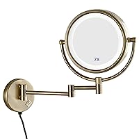 Antique Brass Finished Wall Mounted LED Lighted Makeup Mirror, 360° Swivel Two-Side Retractable, for Bathroom Spa and Hotel, 7X Magnification, 8.5 Inches