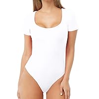 MANGDIUP Women's Scoop Neck T Shirts Basic Bodysuits Jumpsuits (Short Sleevee White1, Medium)