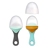 Pulp Silicone Baby Fruit Feeder - Soft Silicone Baby Feeding Set - Fruit and Vegetable Baby Led Weaning Supplies - Baby Feeding Essentials - Blue/Mustard and Gray/Mint - 2 Count