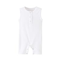 Teach Leanbh Baby Romper Cotton Sleeveless Button Down One Piece Linen Jumpsuit Coverall 3-24 Months (White, 12-18 Months)