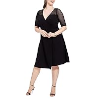 Plus Size Short Sleeve Wrap Dress Women Mesh Panel Sashes Waist Fit and Flare Party A-Line Dress