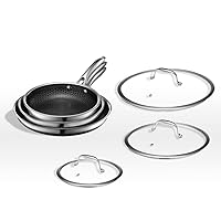 HexClad Hybrid Nonstick 6-Piece Fry Pan Set, 8, 10 and 12-Inch Frying Pans with Tempered Glass Lids, Stay-Cool Handles, Dishwasher and Oven Safe, Induction Ready, Compatible with All Cooktops