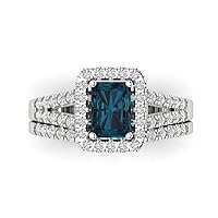 Clara Pucci 1.60ct Emerald Round cut Custom Engraving Halo London Blue Topaz Engagement Ring Band Wedding Bridal Set 14k White Gold 10