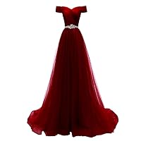 Women's Off Shoulder Lace-up Mother Bridesmaid Prom Dress with Beaded Belt