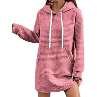 Women's Waffle Knit Hooded Dress Long Sleeve Drawstring Pullover Sweatshirts Dresses with Kangaroo Pocket
