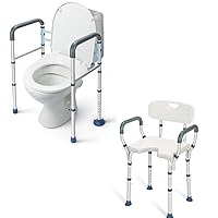 GreenChief Toilet Safety Rails Foldable, Stand Alone Toilet Frame Adjustable Height & GreenChief Shower Chair with Cutout Seat, Bathtub Chair with Back and Arms