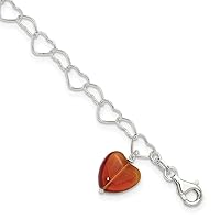Sterling Silver Anklet Crystal 10 inch mm Link Orange Synthetic Stone Heart