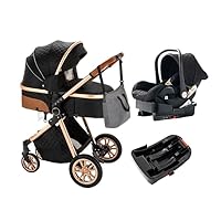 3 in 1 Baby Travel System Reversible Baby Stroller Pushchair Portable Baby Standard Pram Buggy Baby Carriage Foldable Luxury Baby High Landscape Pram for Toddler Newborn, Black