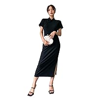 Women's 2023 Summer Dress Plain Rib-Knit Mandarin Collar Split Thigh Dresses