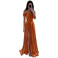 SOLODISH Women's Off The Shoulder Satin Bridesmaid Dresses for Wedding Long Pleated Formal Evening Gown