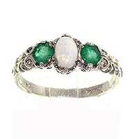 925 Sterling Silver Real Genuine Opal and Emerald Womens Band Ring