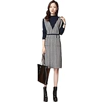 Fake Two Pieces Spliced Houndstooth Sweater Dress Women Vintage Long-Sleeve Knitted Dresses Knee-Length Vestidos