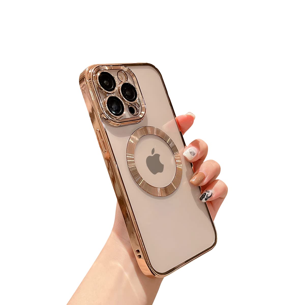 Threehundred for iPhone 12 Pro Max Case Magnetic Clear with Camera Lens Protector Full Protection MagSafe Electroplated Silicone Dust-Proof Net Shockproof Protective Case Cover 6.7 Inch - Gold