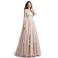 Women's Lace Applique Prom Dresses Backless Adjustable Strap Elegant Evening Gown