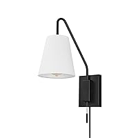 Globe Electric 65000043 1-Light Plug-in or Hardwire Wall Sconce, Matte Black, White Fabric Shade, Swing Arm, 6ft Black Braided Fabric Cord, On/Off Pull Chain, Wall Lights for Living Room, Home Décor
