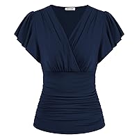 GRACE KARIN 2024 Womens Tops Summer Elegant Wrap Blouse V Neck Long Sleeve Casual Ruched Top