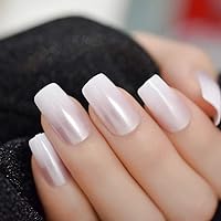 Pearl Shine Glossy Fake Nails Shimmer White Square French Nail Ombre Faux Ongles Gradient Medium Fingernails with Gluetabs