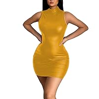 High Street Stretch Solid Color Faux PU Leather Mini Dress for Womens Sexy Sleeveless Short Club Dress