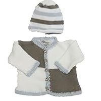 Knitted White Dark Grey Blocked Cotton Cardigan Hat Set