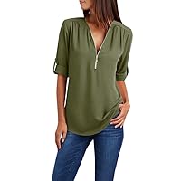 Recent Orders Women V Neck Dressy Tops Rolled Sleeve Casual Blouses Half Zip Solid T Shirt Elegant Work Shirts Loose Fit Tee Top Womens Holiday Summer Tops