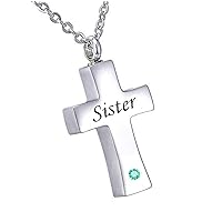 misyou Customized Stainless Steel Memorial December Birthstone Pendant Cremation Cross Pendant Keepsake Necklace （Sister）
