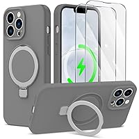 Liquid Silicone for iPhone 14 Pro Case with Magnetic Stand [2 Pcs Tempered Screen Protectors + Precise Camera Lens Protection] Mil-Grade Drop Protective Phone Case, Grey