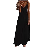 Womens Basic V Neck Tunic Cami Dress Summer Sleeveless Spaghetti Strap Fashion Elegant Flowy Maxi Sundresses