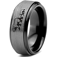 Adult Bear Cub Following Walking Ring - Tungsten Band 8mm - Men - Women - 18k Rose Gold Step Bevel Edge - Yellow - Grey - Blue - Black - Brushed - Polished - Wedding - Gift Dome Flat