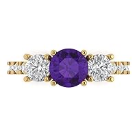 Clara Pucci 1.97ct Round Cut Solitaire three stone With Accent Natural Amethyst gemstone designer Modern Statement Ring 14k Yellow Gold
