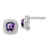 925 Sterling Silver Polished Rhodium Amethyst and Diamond Post Earrings Measures 9x9mm Wide Jewelry for Women