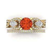 Clara Pucci 2.1 ct Round Cut Solitaire 3 stone Red Simulated Diamond Designer Art Deco Statement Wedding Ring Band Set 18K Yellow Gold