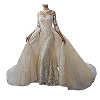 Women's Illusion Sweetheart Long Sleeves Lace Mermaid Wedding Dresses for Bride with Detachable Train Tulle Bridal Gowns