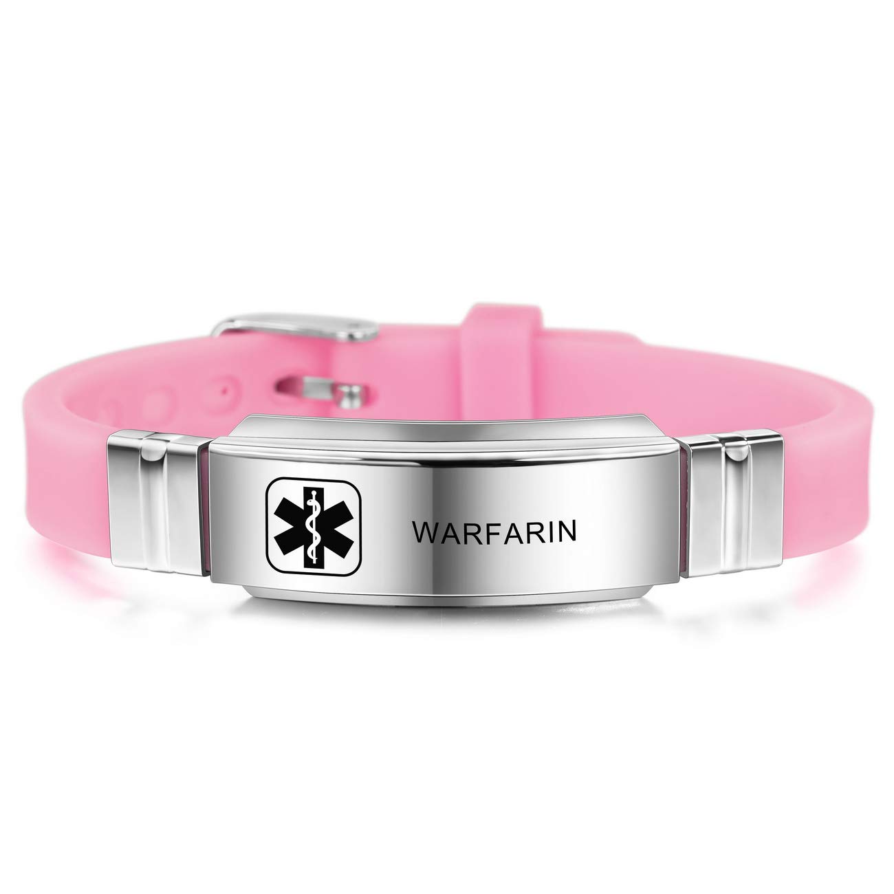 MOWOM Medical Bracelet Custom Engraved Silicone Adjustable Sport ID Identification Alert Stainless Steel - Bundle with Emergency Card, Holder (Pink, No Needle Or Bp This Arm)