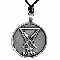 The Sigil of Lucifer Church of Luciferian Seal Satan Laveyan Antique Silver Pewter Men's Pendant Necklace Magic Protection Amulet Wealth Fortune Lucky Charm Safe Travel Talisman Black Adjustable Cord