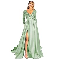 Sequin Satin Prom Dresses V Neck Long Sleeve Ball Gowns for Women Formal A-Line Sparkly Evening Party Gowns with Slit