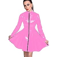 23 Colors Long Sleeve PVC Pleated Mini Dress Zipper Front Sexy Wetlook Clubwear (Pink,S)