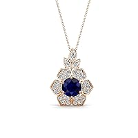 Round Blue Sapphire Diamond 3/4 ctw Women Floral Halo Pendant Necklace 16 Inches Chain 14K Gold