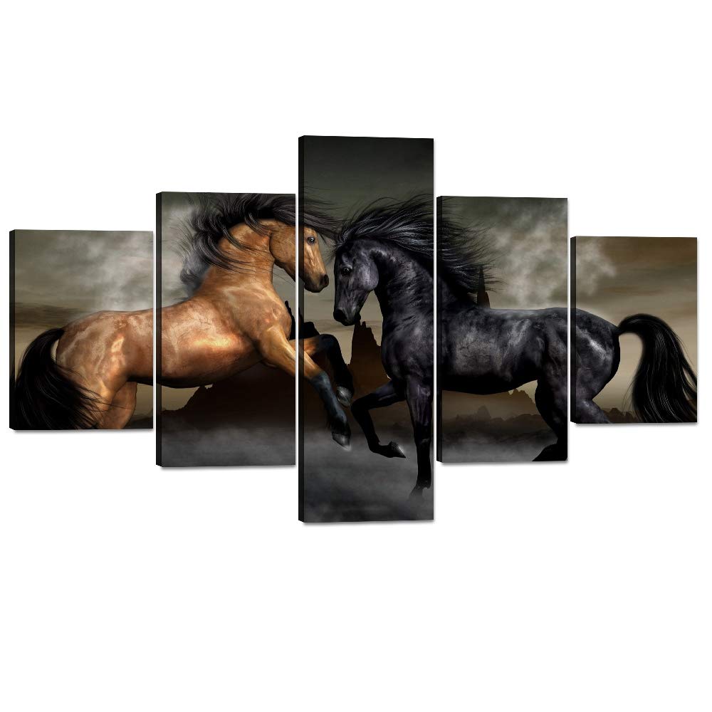 Horses Wall Art Set Animals Wall Decor Two Steeds Painting Modern Home Decorations Yellow and Black Mustang Canvas Artwork for Living Room Bedroom ...
