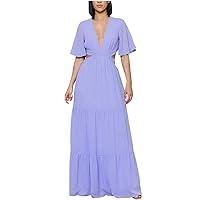Womens Summer Short Sleeve Deep V Neck Cutout Maxi Dresses Casual Flowy Tiered Swing Long Dress Elegant Party Sundress