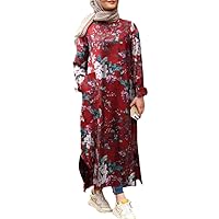 Women Vintage Floral Printed Dress, Autumn O Neck Long Sleeve Kaftan, Casual Loose Muslim Dress